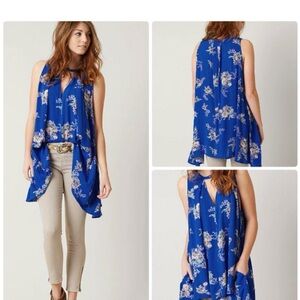 Free People Royal Blue Floral Keyhole Draped Camisole